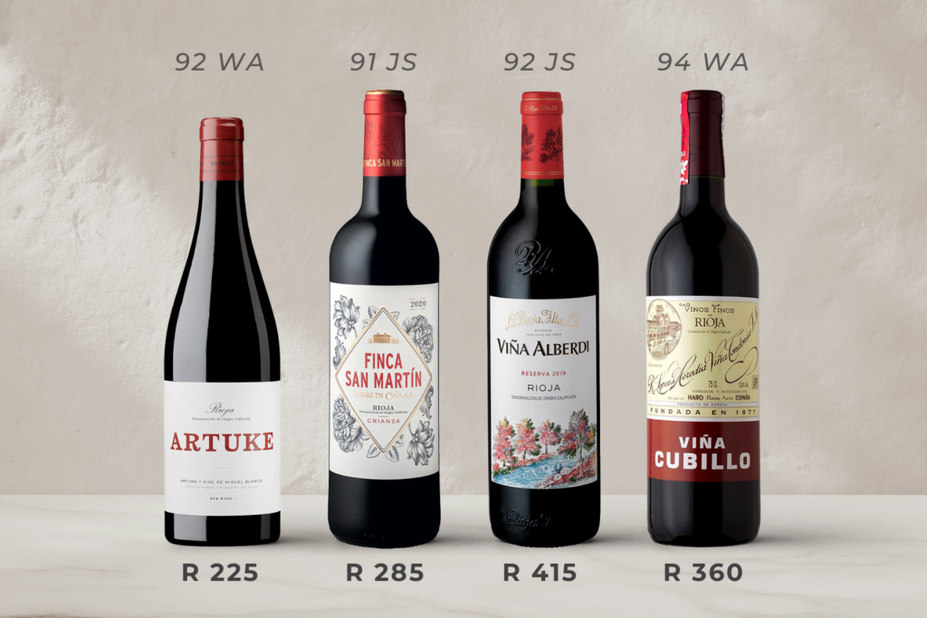 Four bottles of wine with ratings and prices displayed on a textured background.