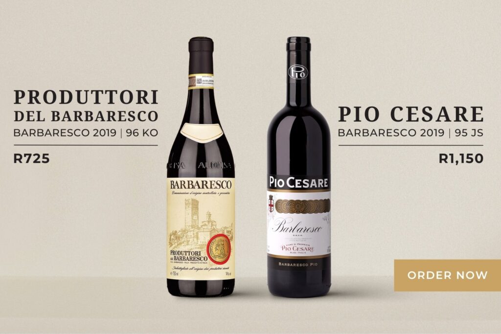 Two bottles of Barbaresco wine with prices and ratings displayed, and an "Order Now" button.