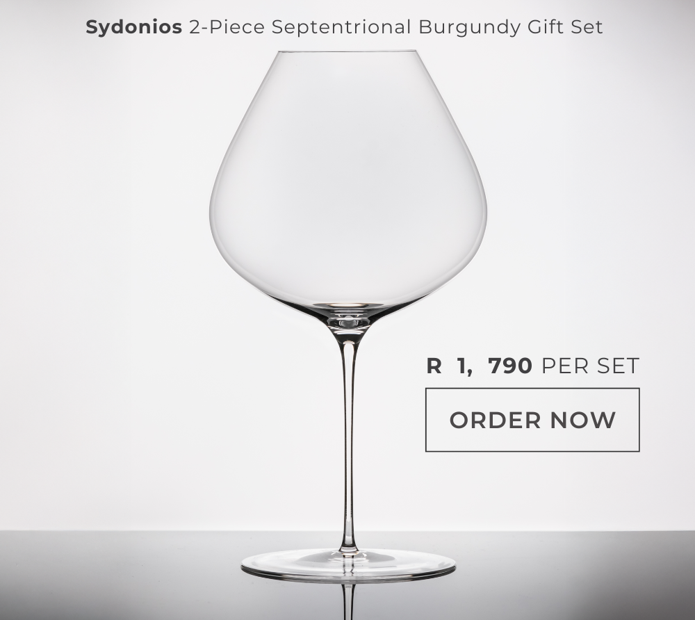 An elegant wine glass with text advertising Sydonios Burgundy set price and a call to order.