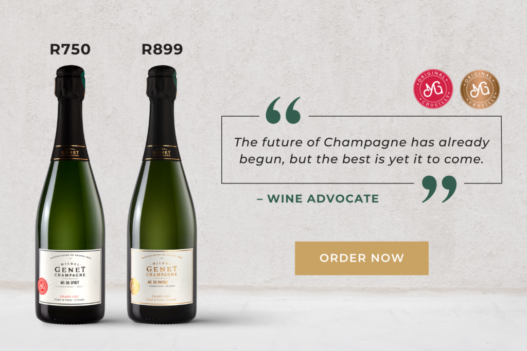 Two bottles of Genet Champagne displayed with prices R750 and R899, alongside a quote from Wine Advocate, and an "Order Now" button.