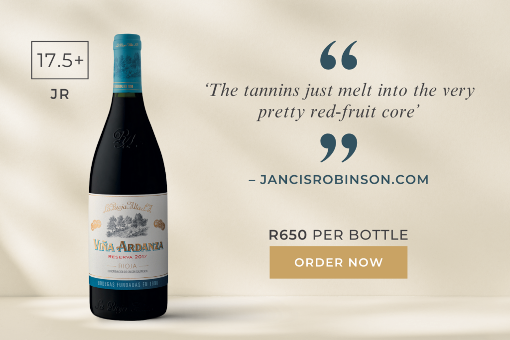 A bottle of Viña Ardanza Reserva 2017 wine, priced at R650, with a quote praising its tannins and red-fruit core.