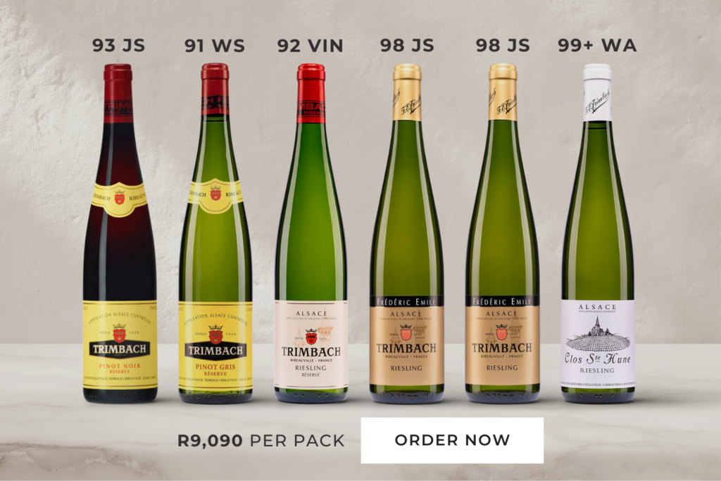 A selection of six wine bottles with ratings displayed, featuring Trimbach and Alsace varieties, priced at R9,090 per pack. Order now.