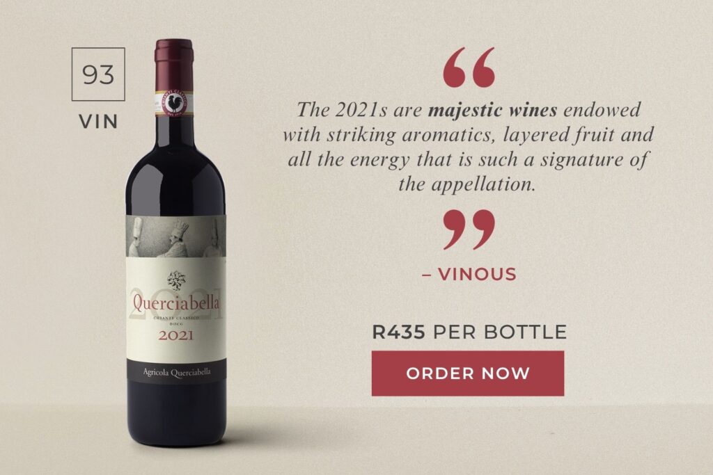 A bottle of Querciabella 2021 wine with a 93-point rating, featuring a quote praising its majestic qualities and priced at R435.