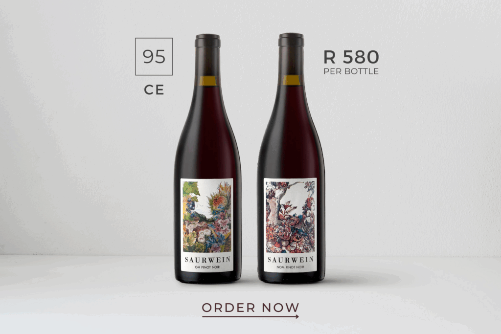 Two bottles of Saurwein Pinot Noir with artistic labels; rated 95 points, priced at R 580 each, with an "Order Now" prompt.