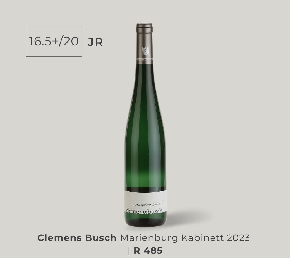 A sleek green bottle of Clemens Busch Marienburg Kabinett 2023, priced at R 485, rated 16.5+/20 by JR.
