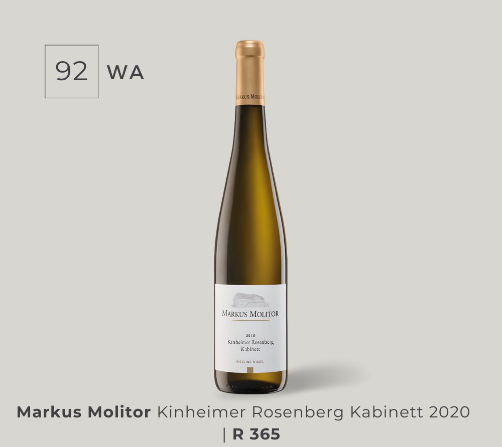A bottle of Markus Molitor Kinheimer Rosenberg Kabinett 2020, rated 92 WA, priced at R 365 against a light gray background.