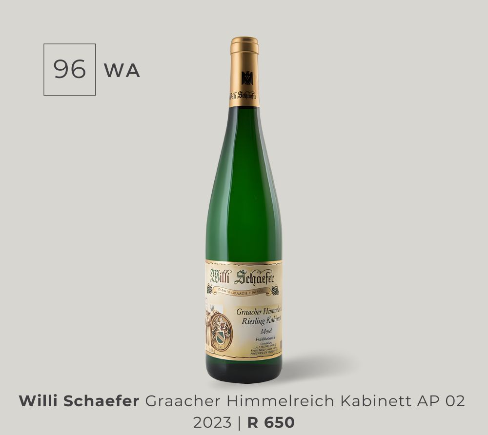 Bottle of Willi Schaefer Graacher Himmelreich Riesling Kabinett 2023, rated 96 WA, priced at R 650, showcased on a neutral background.