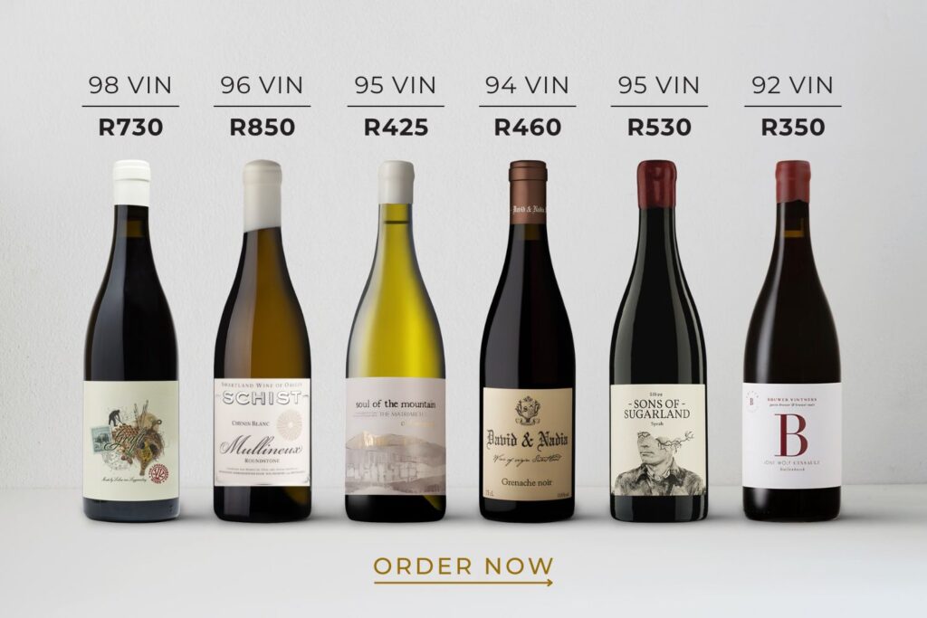 A collection of six wine bottles with varying ratings and prices, displayed neatly with a "Order Now" prompt beneath them.