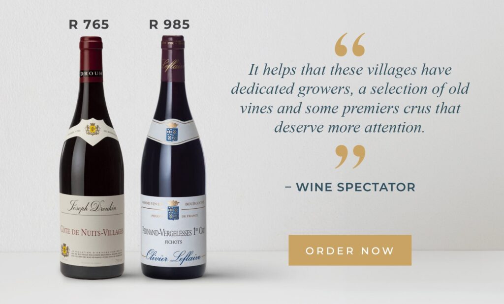 Two wine bottles are displayed with prices: R 765 for Côte de Nuits-Villages and R 985 for Pernand-Vergelesses 1er Cru.