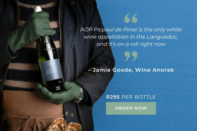A person wearing a blue jacket and green gloves holds a bottle of AOP Picpoul de Pinet wine, promoting it for R295.