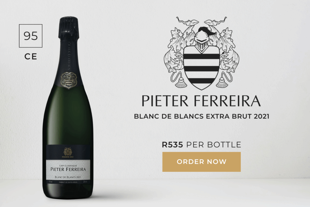 Bottle of Peter Ferrera Blanc de Blancs, vintage November 2018, displayed against a neutral background.