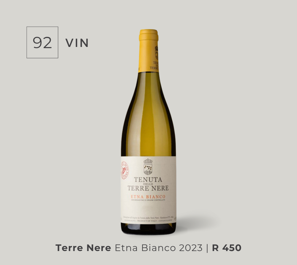 Bottle of Terre Nere Etna Bianco 2023 white wine with a yellow cap, rated 92 points, priced at R450.