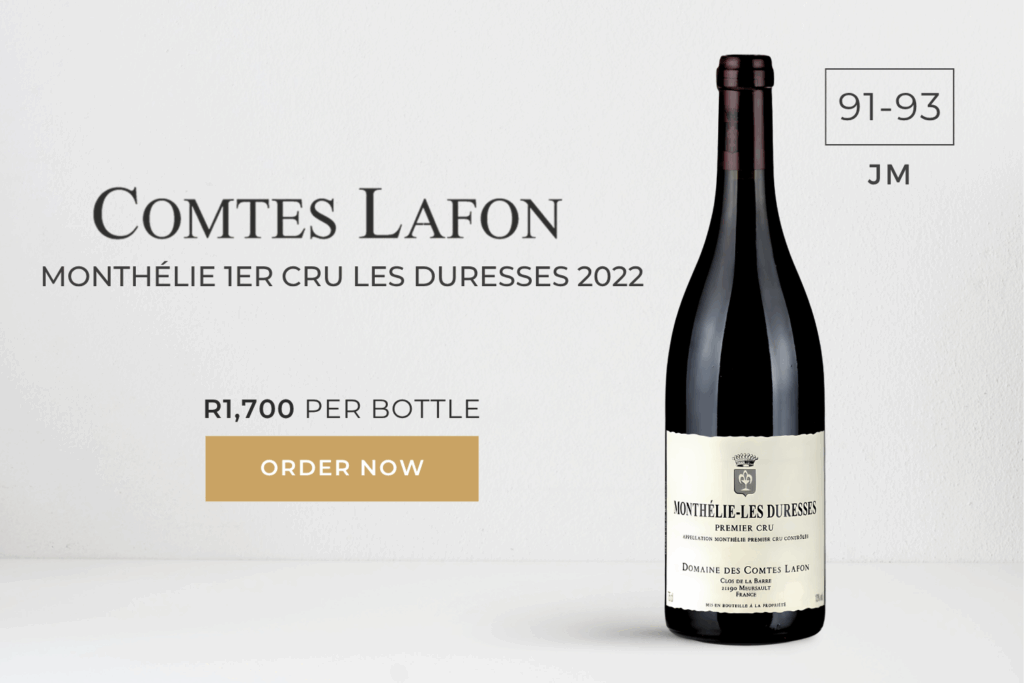 Bottle of Comtes Lafon Monthelie 1er Cru Les Duresses 2022 wine on a minimalist background. Text reads "R1,700 per bottle" with an "Order Now" button.
