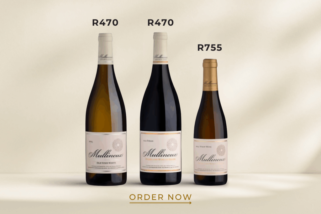 Three bottles of Mullineux wine are displayed on a light background. Left to right: white wine (R470), red wine (R470), and dessert wine (R755). "Order Now" below.