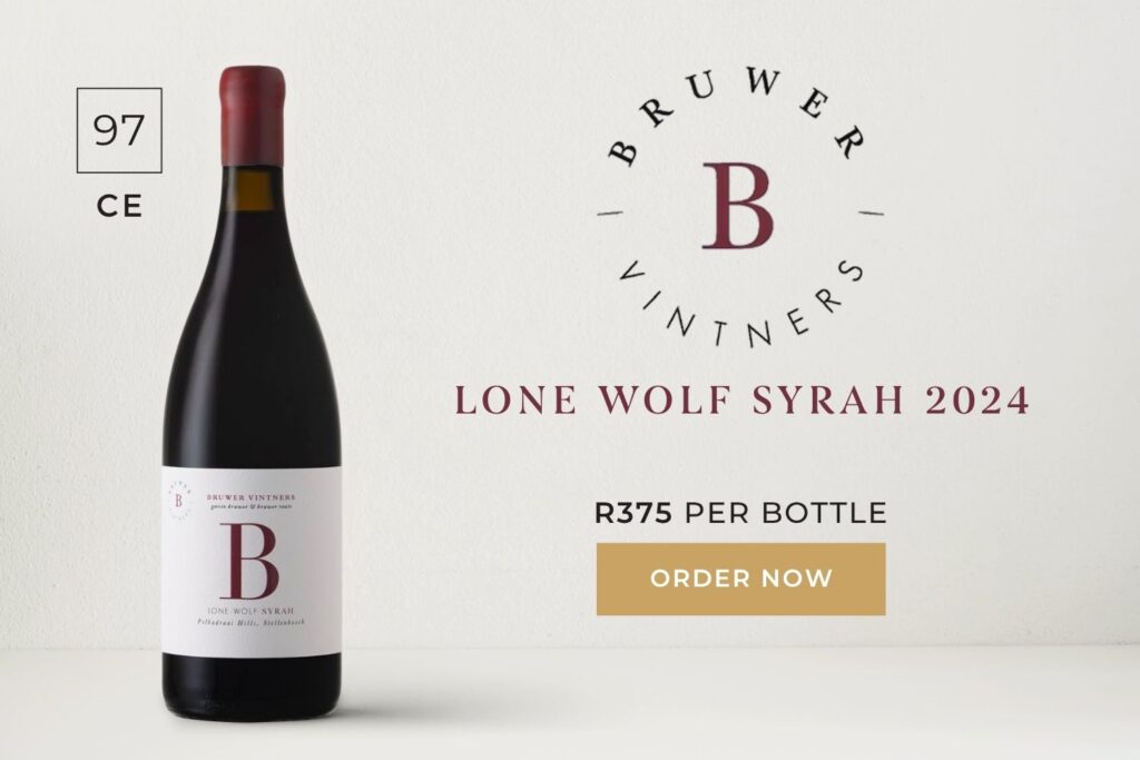 Bottle of Bruwer Vintners Lone Wolf Syrah 2024 wine with a rating of 97, priced at R375 per bottle, and an order now button.