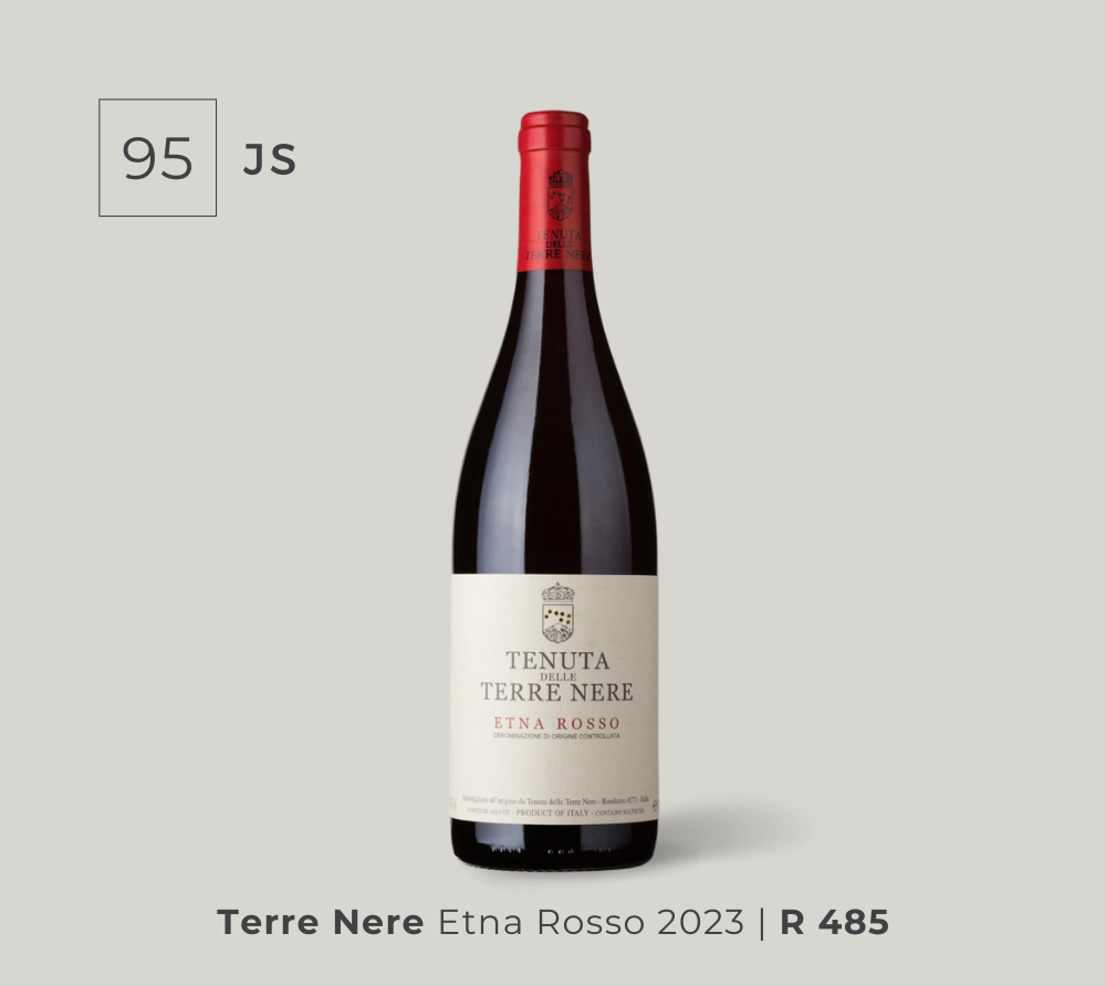 Bottle of Terre Nere Etna Rosso 2023 red wine with a red cap and a 95 JS rating, priced at R 485.
