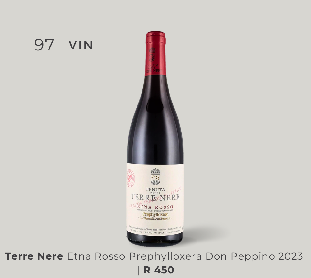 Bottle of Terre Nere Etna Rosso Prephylloxera Don Peppino 2023 red wine with a red foil top against a plain gray background.