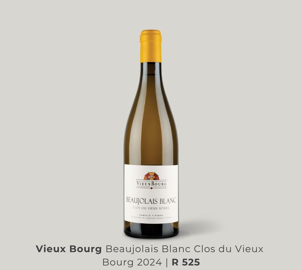 Bottle of Vieux Bourg Beaujolais Blanc Clos du Vieux Bourg 2024 white wine with a yellow cap on a gray background.