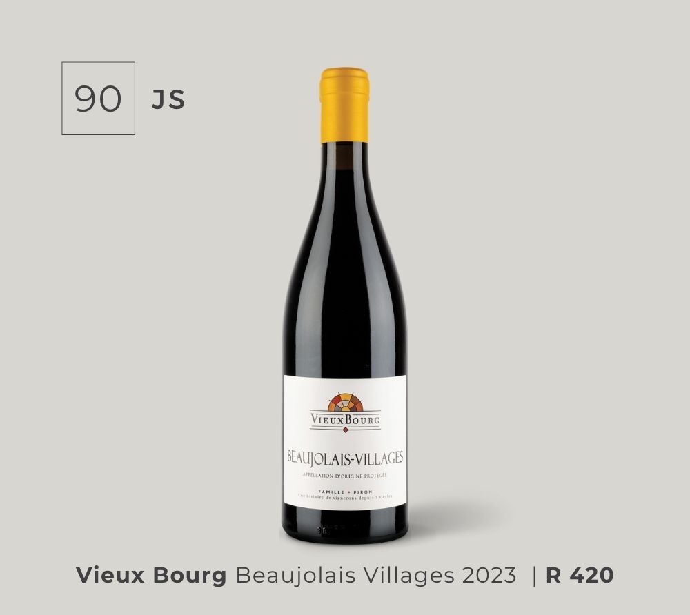 Bottle of Vieux Bourg Beaujolais Villages 2023 red wine with a yellow cap and a 90-point JS rating on a gray background.