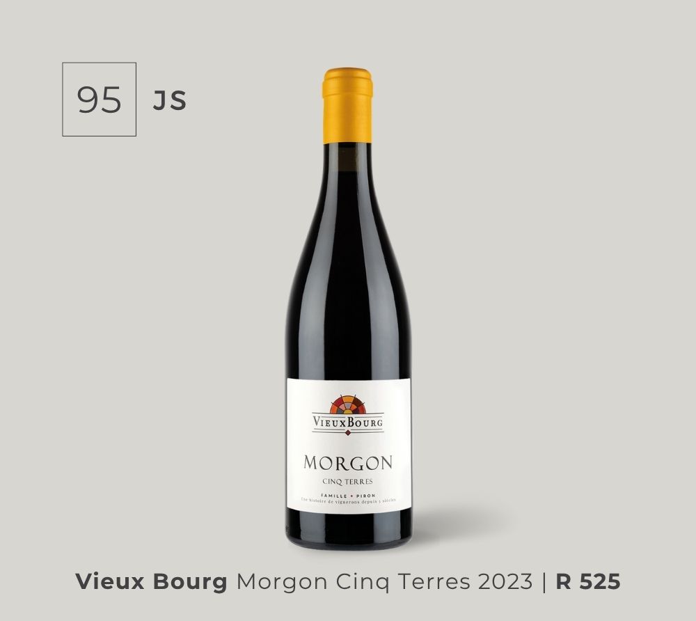 Bottle of Vieux Bourg Morgon Cinq Terres 2023 red wine with a yellow cap and a 95-point JS rating.