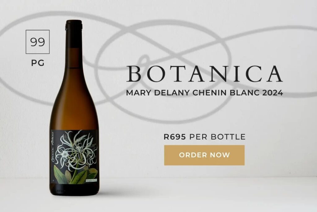 Bottle of Botanica Mary Delany Chenin Blanc 2024 wine with floral label, priced R695, rating 99 PG, and "Order Now" button on light background.