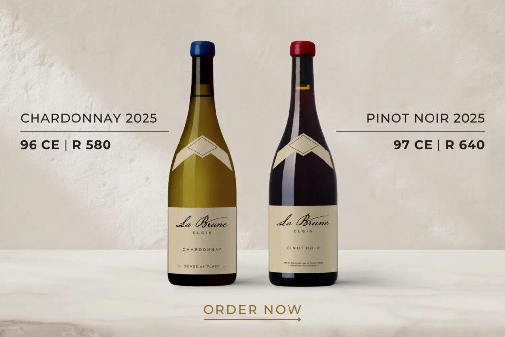 Two wine bottles labeled La Brune Elgin: Chardonnay 2025 with blue cap, and Pinot Noir 2025 with red cap, prices and ratings shown.