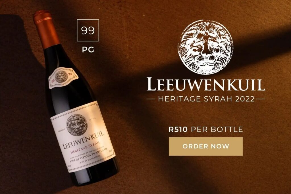 Bottle of Leeuwenkuil Heritage Syrah 2022 wine with logo, rating of 99 points, and price of R510 per bottle.