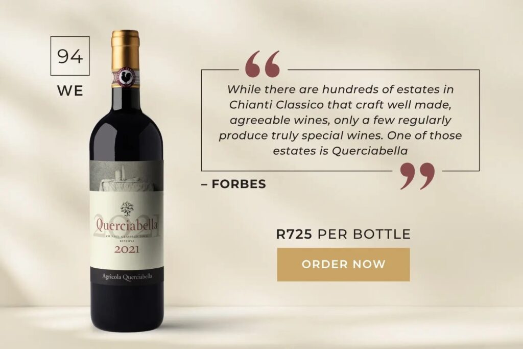 Bottle of Leeuwenkuil Heritage Syrah 2022 wine with a 99 PG rating, priced at R510 per bottle, on a brown background with order now button.
