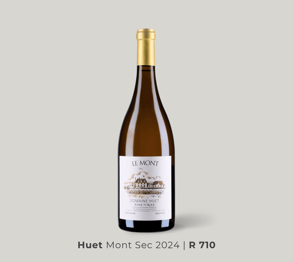 Bottle of Huet Mont Sec 2024 white wine with a gold foil top and a detailed label showing a vineyard and estate.