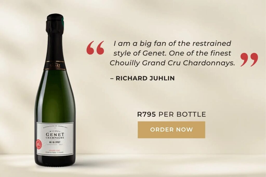 Bottle of Michel Genet Champagne with a quote praising its restrained style and price of R795 per bottle, with an order button.