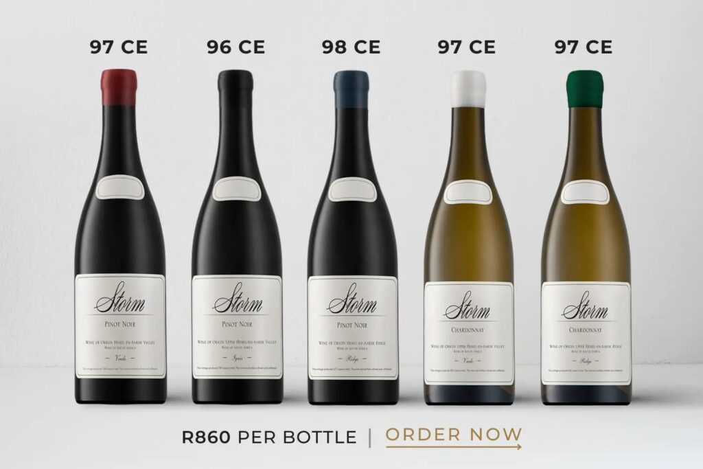 Alt text: Five Storm wine bottles displayed in a row with labels showing different years and types: Pinot Noir and Chardonnay. Prices at R860 per bottle.