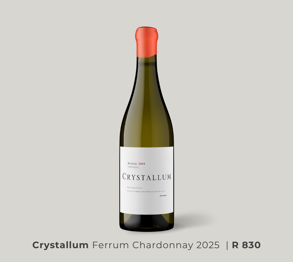 Bottle of Crystallum Ferrum Chardonnay 2025 wine with a white label and red wax seal on a light gray background.