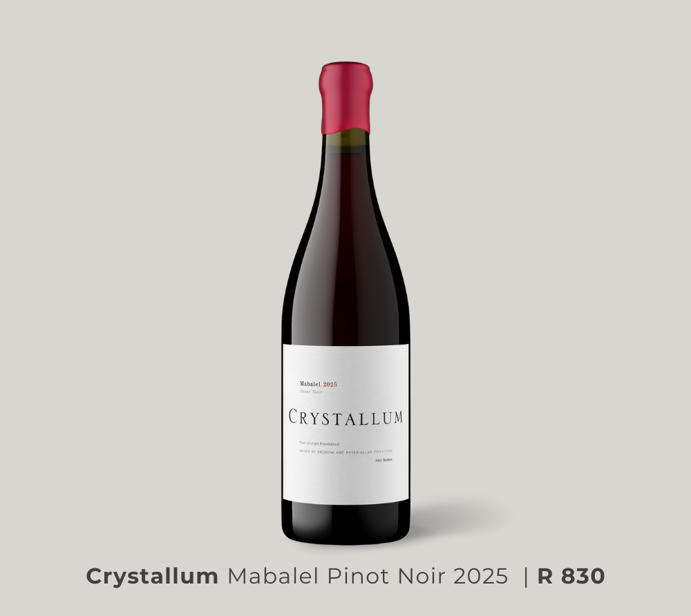 Bottle of Crystallum Mabalel Pinot Noir 2025 red wine with a white label and red capsule.