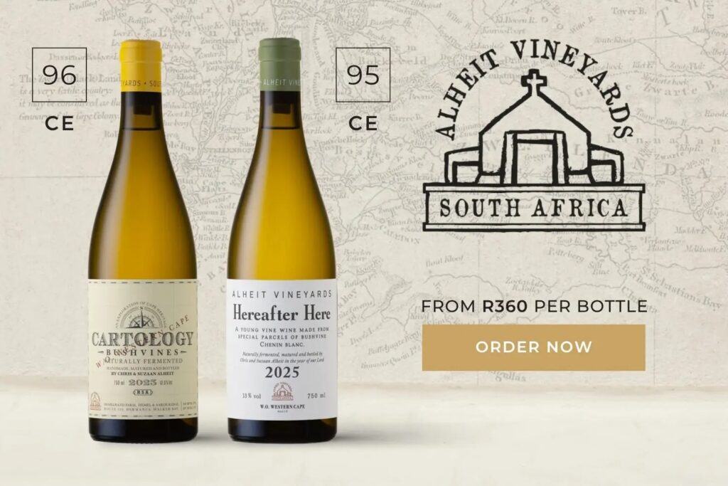 Two bottles of Alheit Vineyards white wine from South Africa, labeled Cartology and Hereafter Here, with ratings and order info.