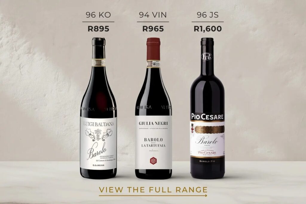 Three Barolo wine bottles labeled Luigi Baudana, Giulia Negri, and Pio Cesare with prices R895, R965, and R1600 respectively on a neutral background.
