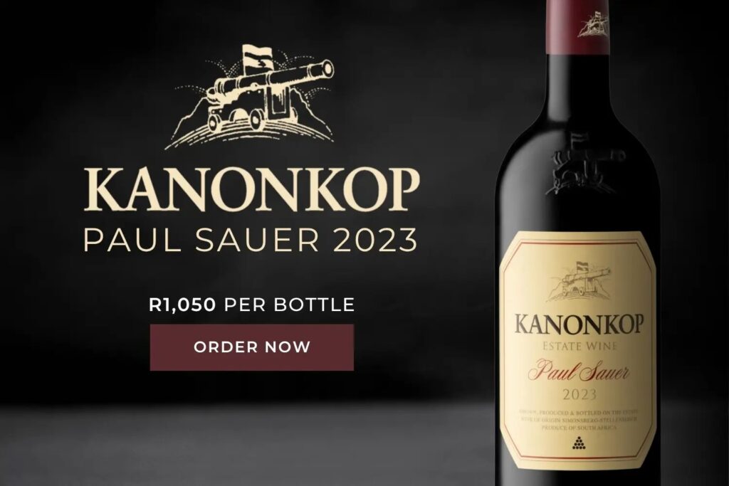 Kanonkop Paul Sauer 2023 wine bottle with price R1,050 per bottle and order now button on a dark background.