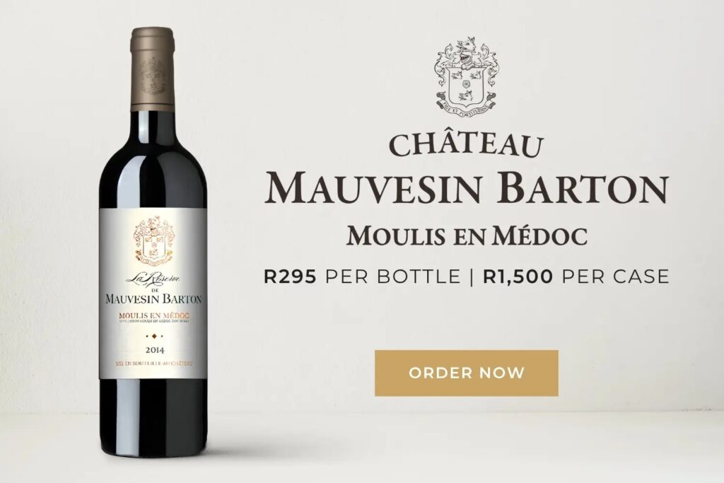 Bottle of Château Mauvesin Barton Moulis en Médoc red wine, 2014 vintage, priced R295 per bottle or R1,500 per case with order button.