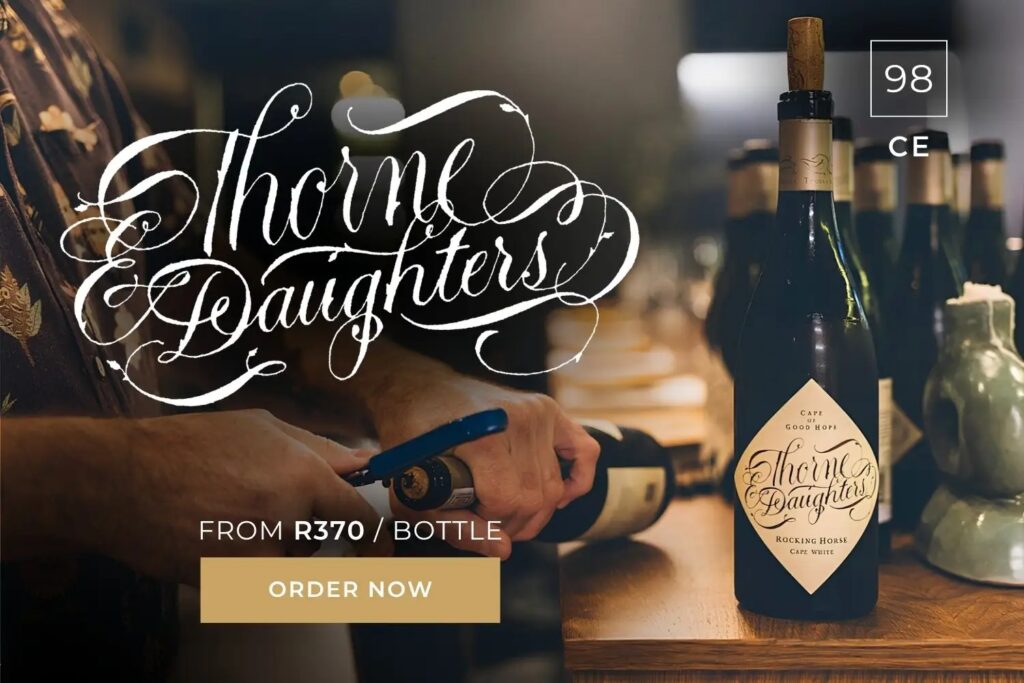 Bottle of Thorne Daughters wine on a table with hands opening another bottle, priced from R370, with an order now button.