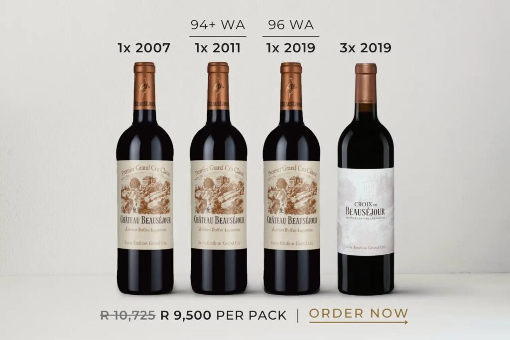 Four bottles of Château Beauséjour wine from years 2007, 2011, 2019, and Croix de Beauséjour 2019, priced at R 9,500 per pack.