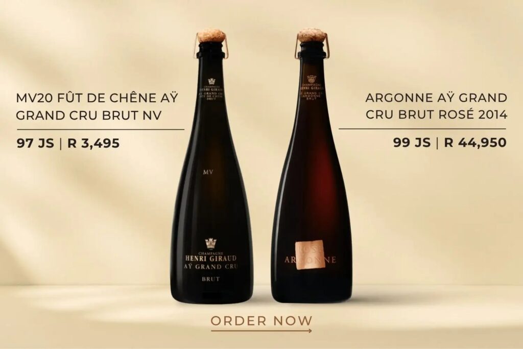 Two Henri Giraud champagne bottles, MV20 Brut and Argonne Rosé 2014, with ratings and prices on a beige background.