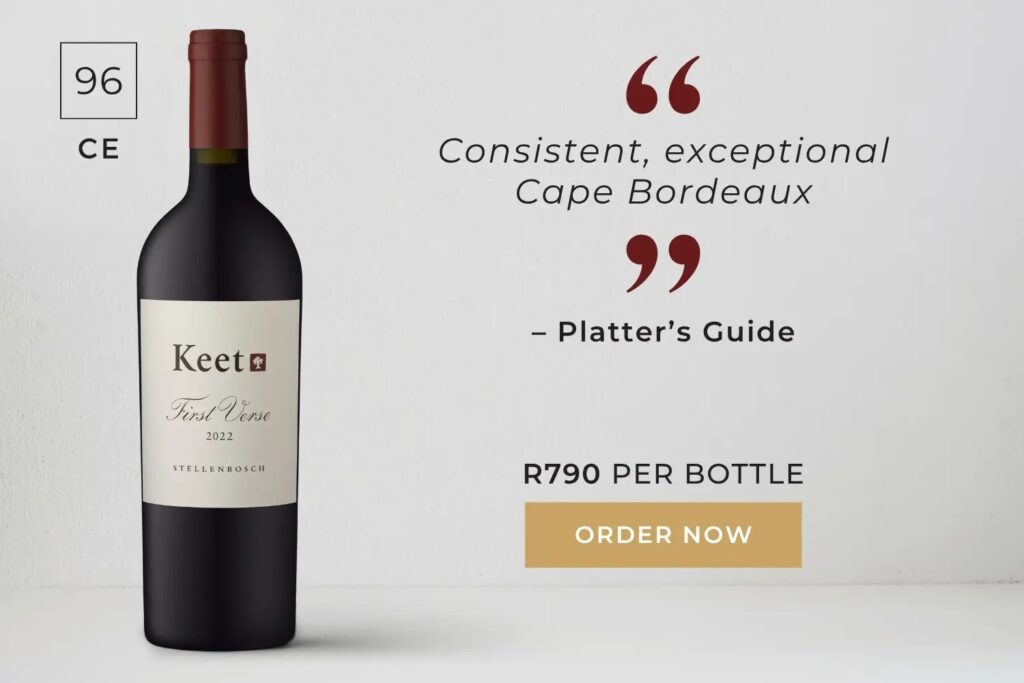 Bottle of Keet First Verse 2022 Stellenbosch wine rated 96 by Platter’s Guide, priced at R790 per bottle, with an order now button.