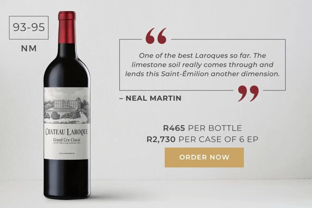 Bottle of Chateau Laroque Grand Cru Classé red wine with Neal Martin review and pricing in South African rand.