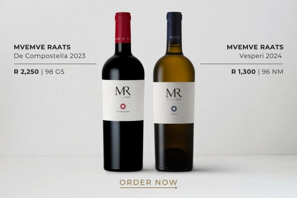 Two bottles of Mvemve Raats wine: De Compostella 2023 red bottle (R 2,250) and Vesperi 2024 white bottle (R 1,300). Order now.