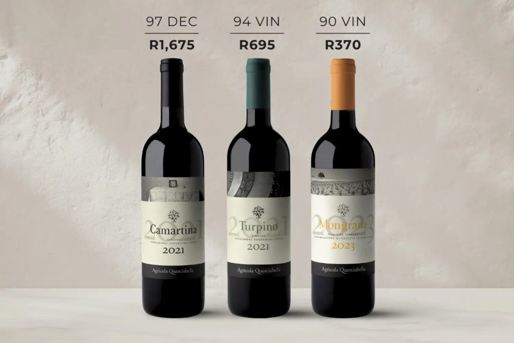 Three bottles of Agricola Querciabella wine labeled Camartina 2021, Turpino 2021, and Mongrana 2023, with prices and ratings above each.