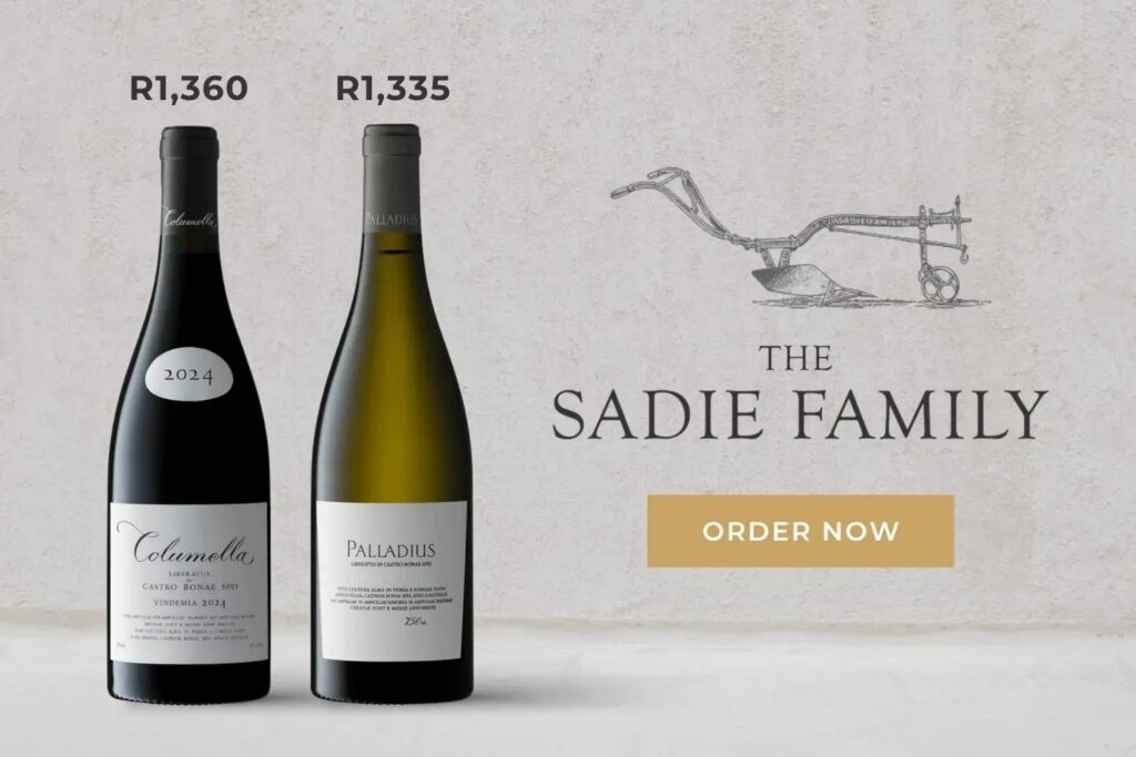 Two wine bottles, Columella (R1,360) and Palladius (R1,335), with The Sadie Family logo and an "Order Now" button on a neutral background.