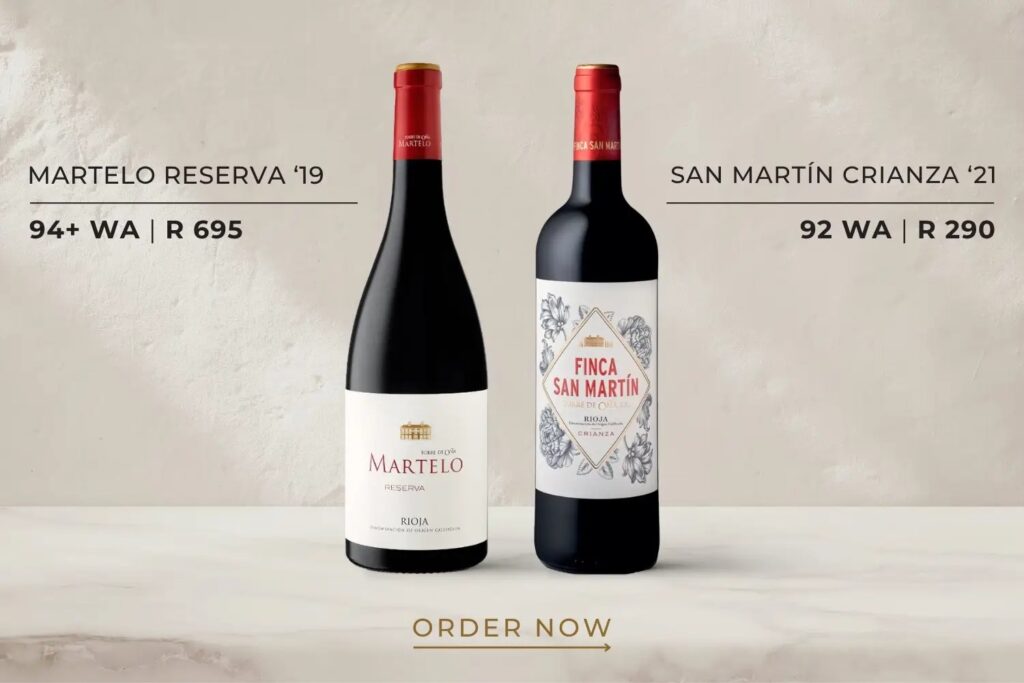 Two bottles of red wine displayed on a marble surface: Martelo Reserva '19 and Finca San Martín Crianza '21 with ratings and prices.