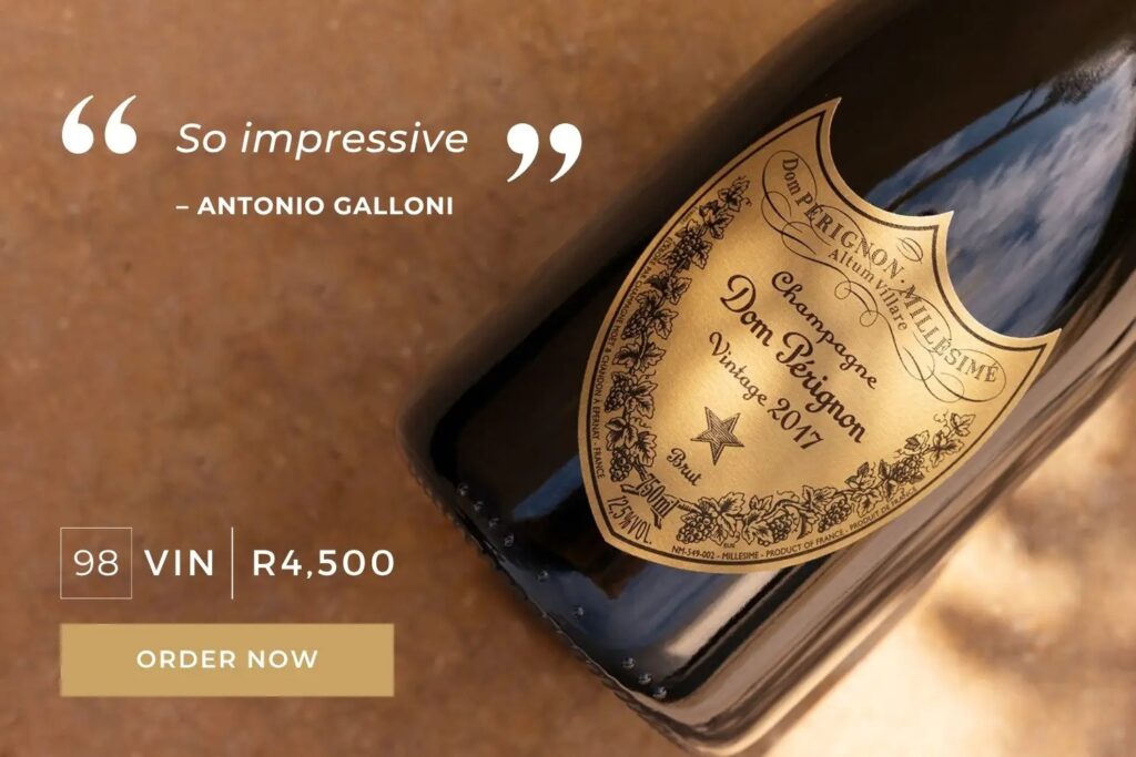 Close-up of a Dom Pérignon 2017 vintage champagne bottle with a quote praising its impressiveness and an order call-to-action.