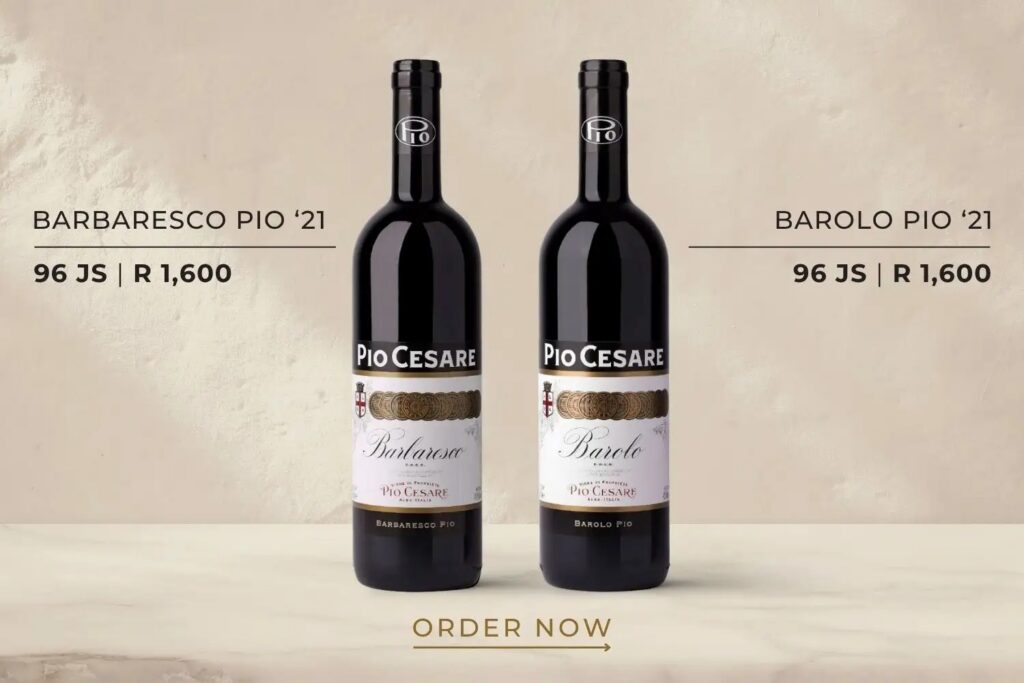 Two bottles of Pio Cesare wine, Barbaresco Pio ’21 and Barolo Pio ’21, each priced at R 1,600 with 96 JS rating, on a beige background.