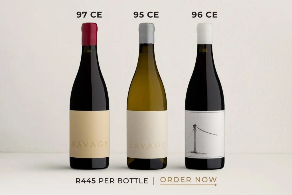Three wine bottles labeled 97 CE, 95 CE, and 96 CE, priced at R445 each, with an order now prompt below.