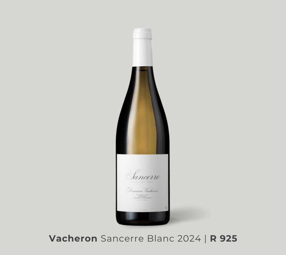 Bottle of Vacheron Sancerre Blanc 2024 white wine with a white label and cap on a light gray background. Price R 925.